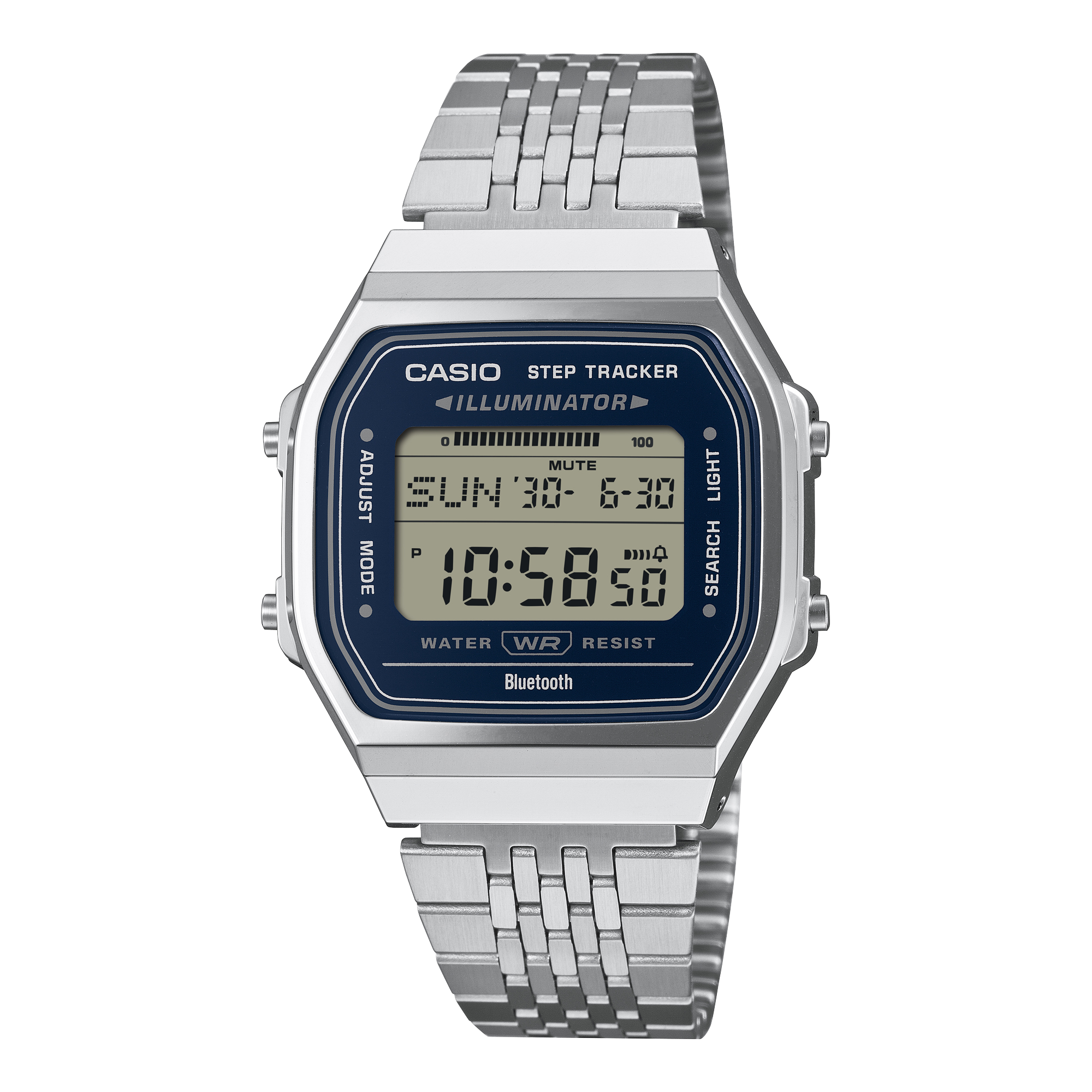 Casio Vintage Steps ABL100WE-2A blue digital watch on a stainless steel bracelet, shown straight on.