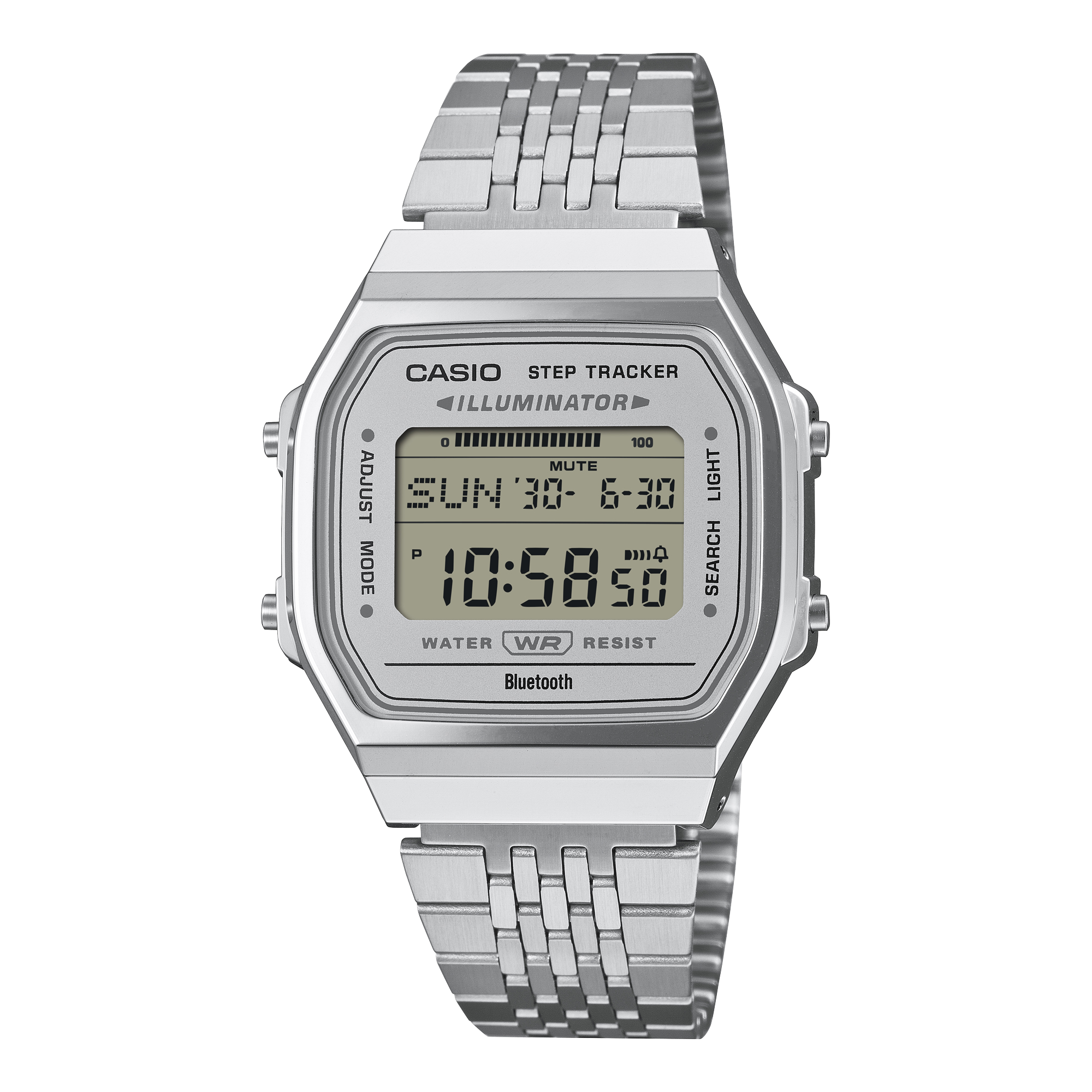 Casio Vintage Steps ABL100WE-7A white digital watch on a stainless steel bracelet, shown straight on.
