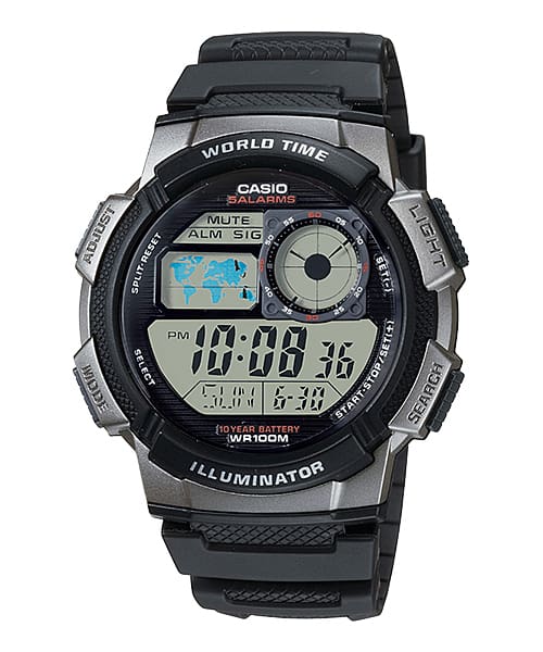 Digital Casio wristwatch with multiple display features and a black band.