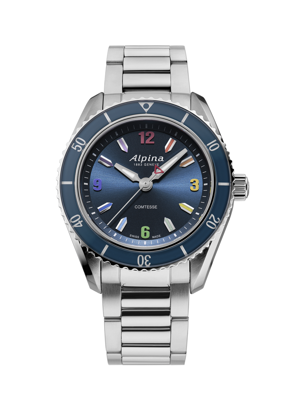 Stainless steel wristwatch with a blue dial and bezel.
