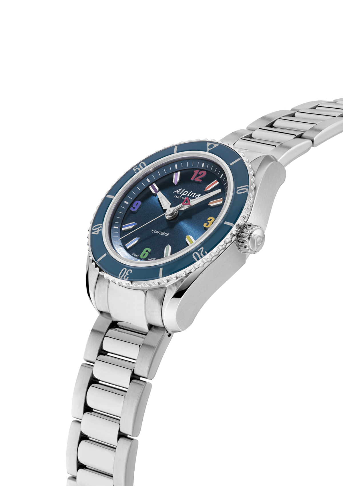 Stainless steel wristwatch with a blue bezel and dark face.