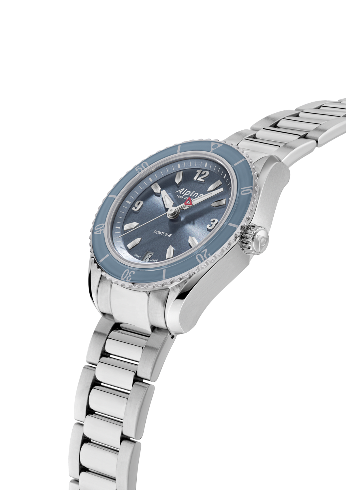 Stainless steel wristwatch with a blue bezel and dial.