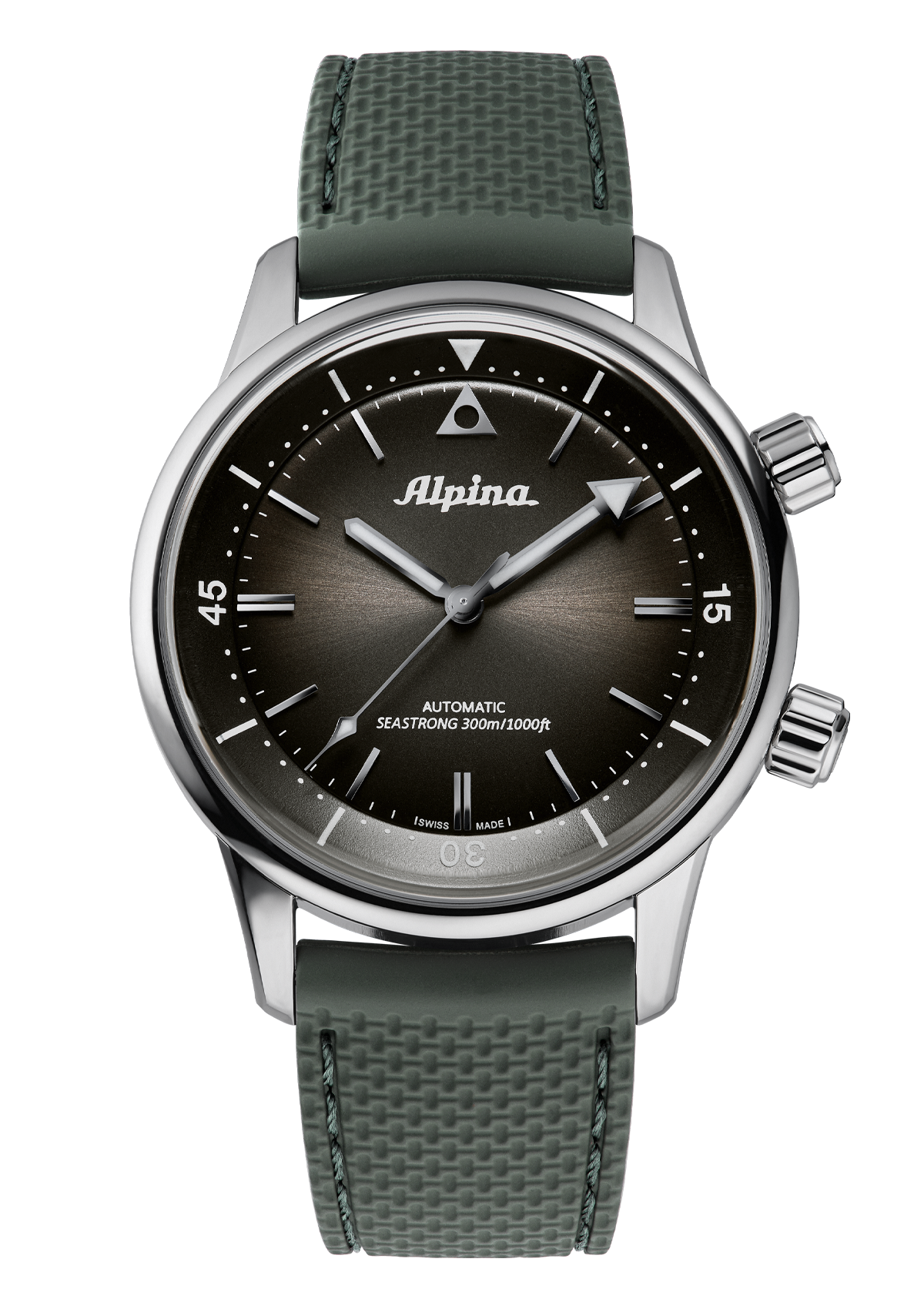 Alpina wristwatch with a green strap and dark gray dial.