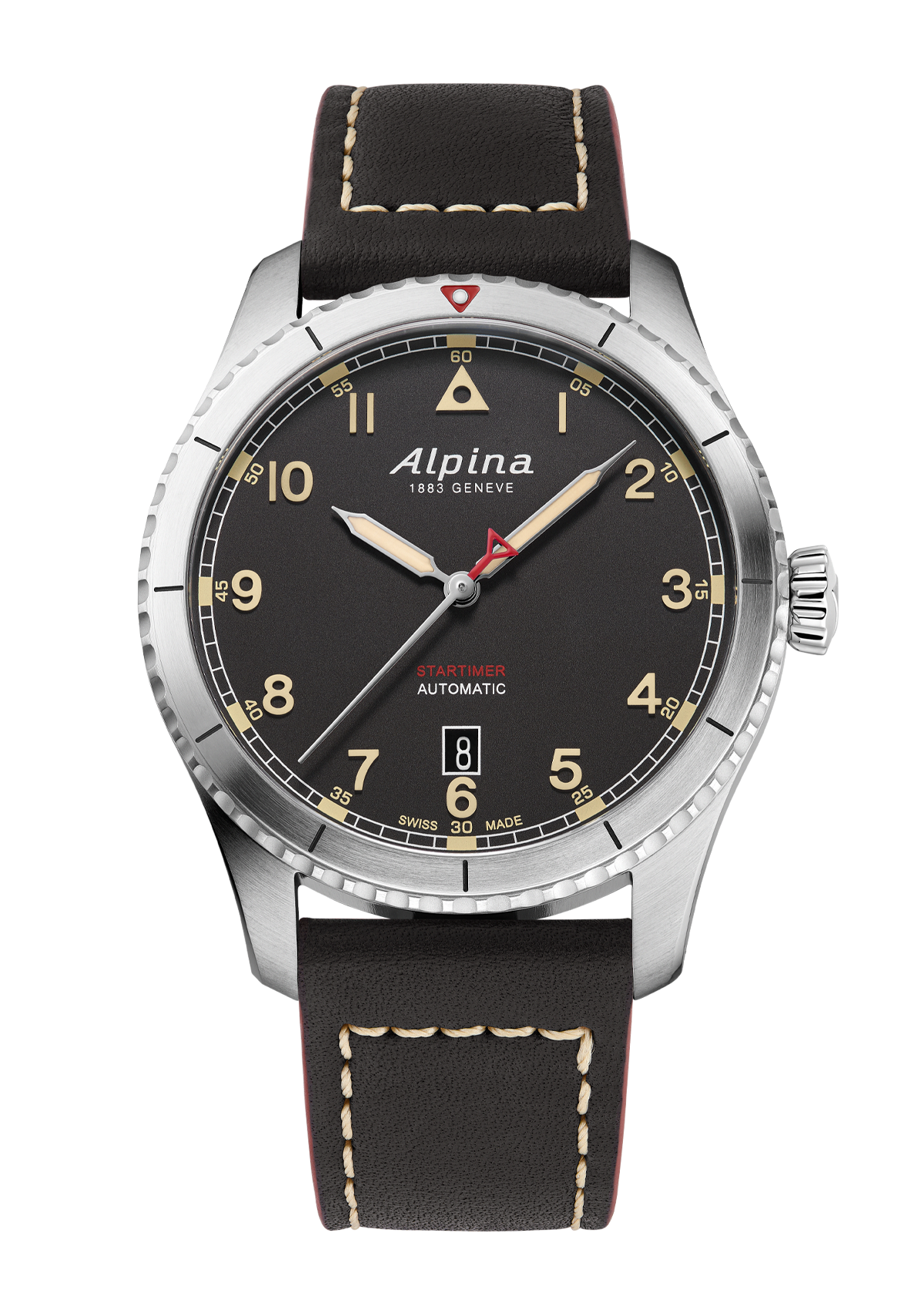 Alpina wristwatch with a black dial, silver case, and black leather strap.
