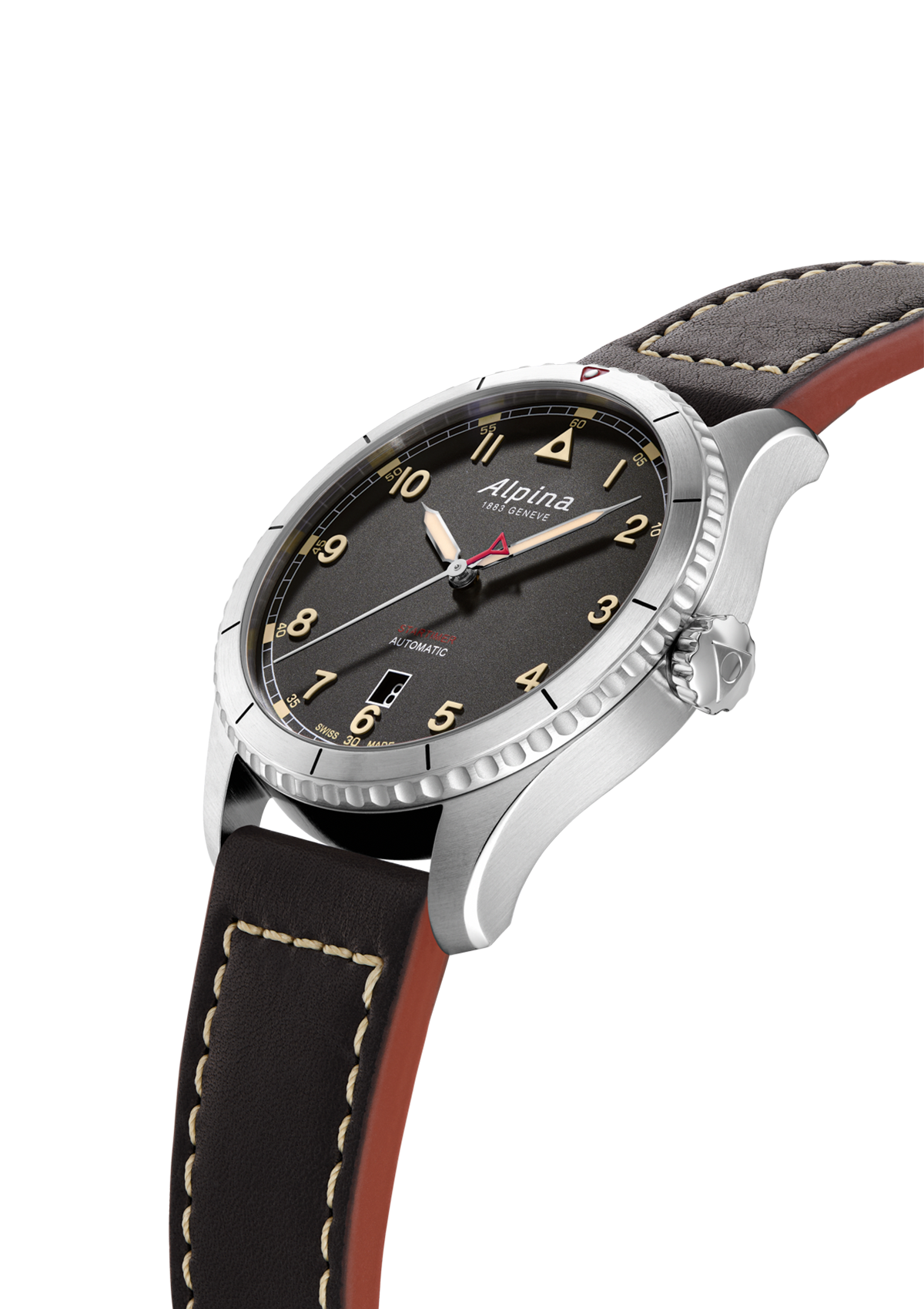 Wristwatch with a black leather strap and silver-toned case.