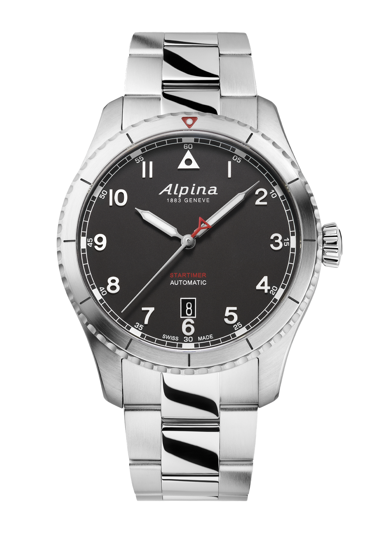 Silver wristwatch with a black dial and Arabic numeral hour markers.
