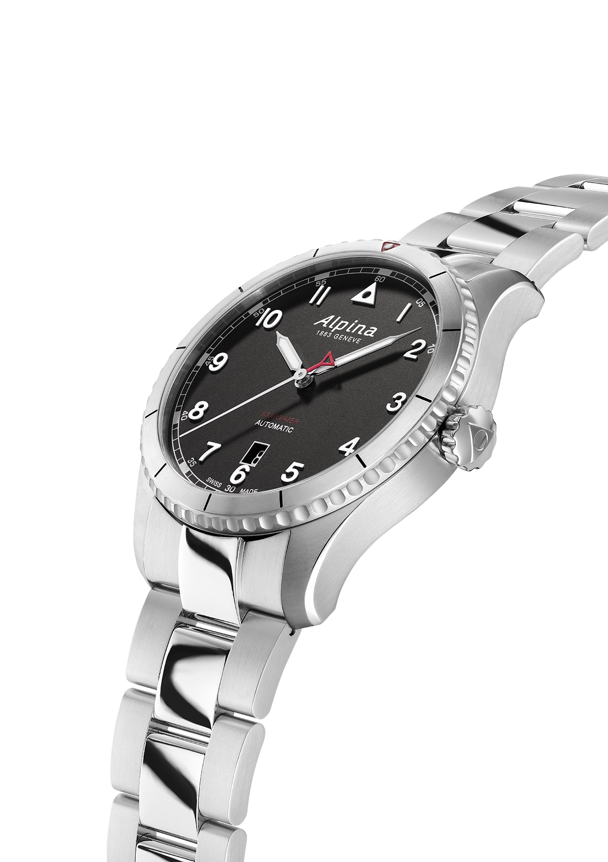 Stainless steel wristwatch with a black dial and Arabic numeral hour markers.