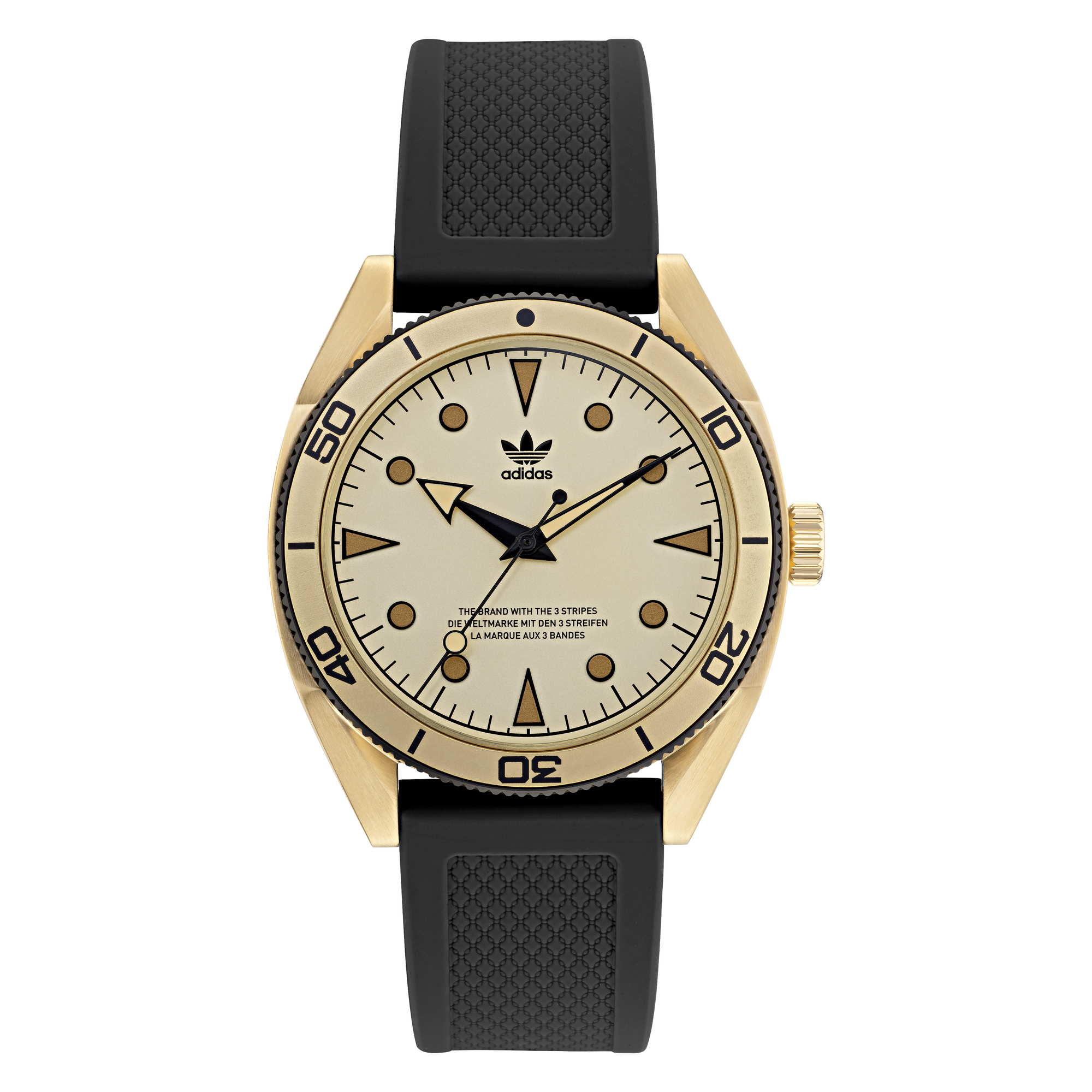 Gold-toned wristwatch with a black rubber strap and beige dial face.
