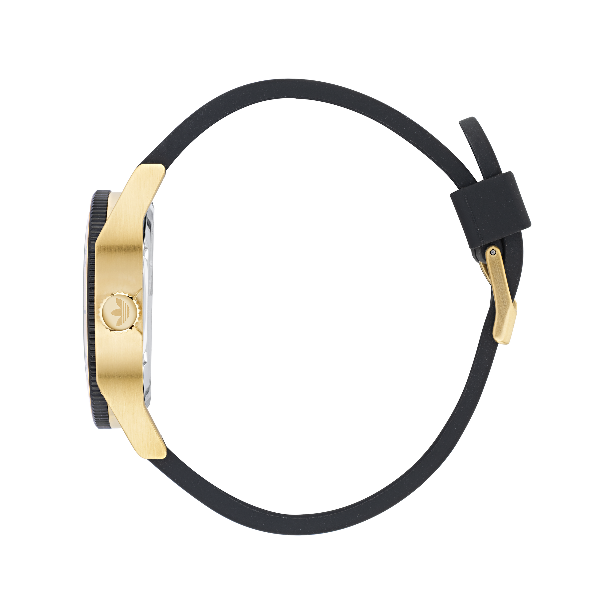 Gold-toned wristwatch with a black strap.
