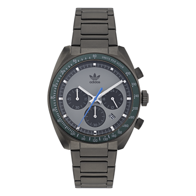 Sleek, dark gray Adidas chronograph wristwatch with a metal bracelet.