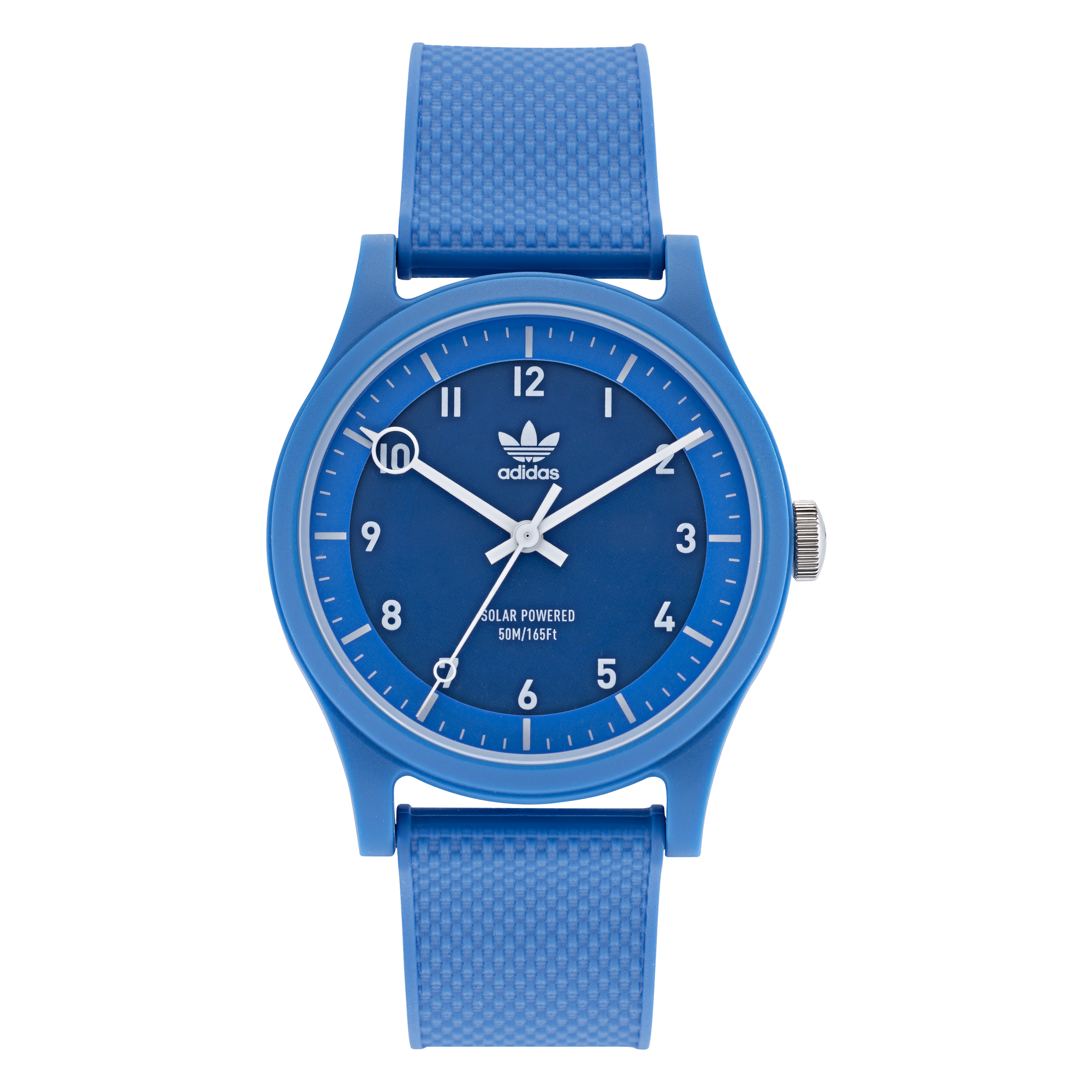 Blue Adidas wristwatch with a textured silicone band and analog face.