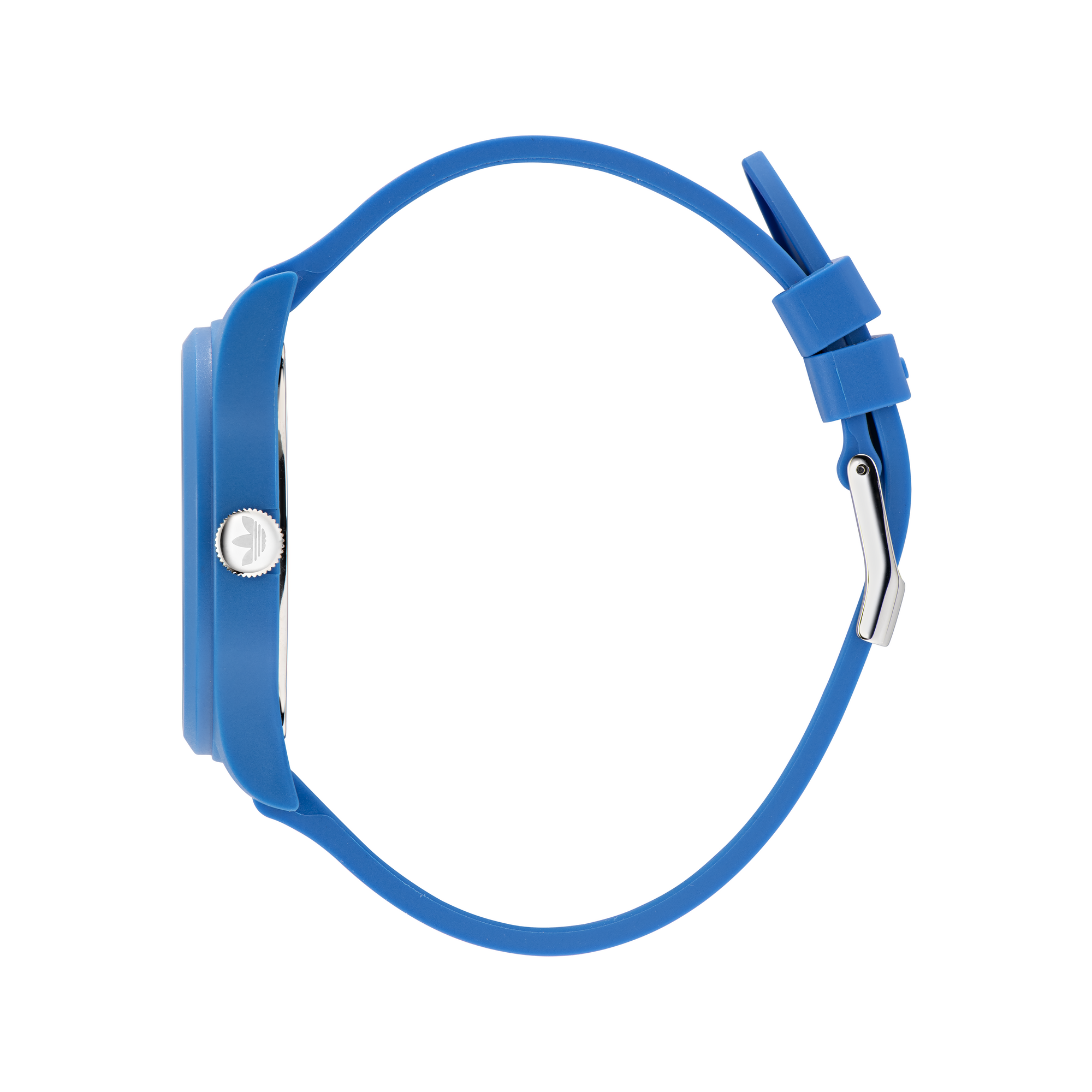 Blue wristwatch with a simple round face and silicone strap.