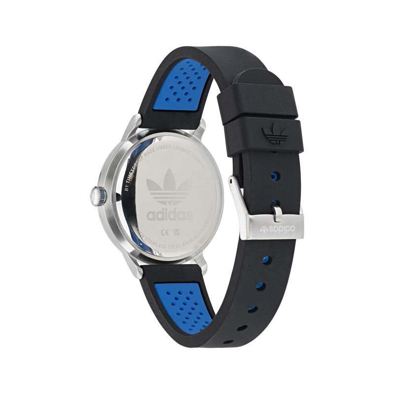 Wristwatch with a black and blue silicone strap and silver case back.