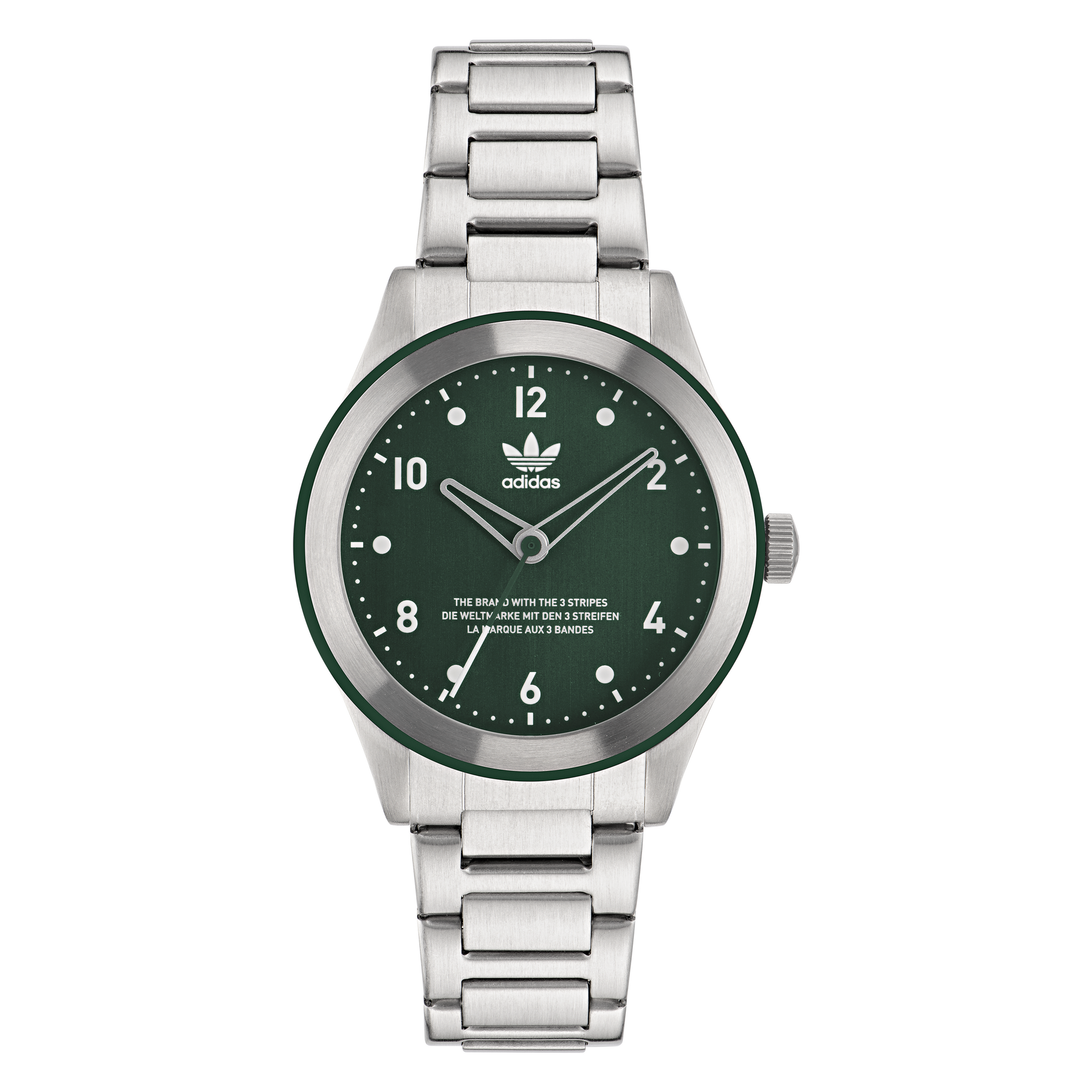 Silver wristwatch with a green dial featuring the Adidas logo.