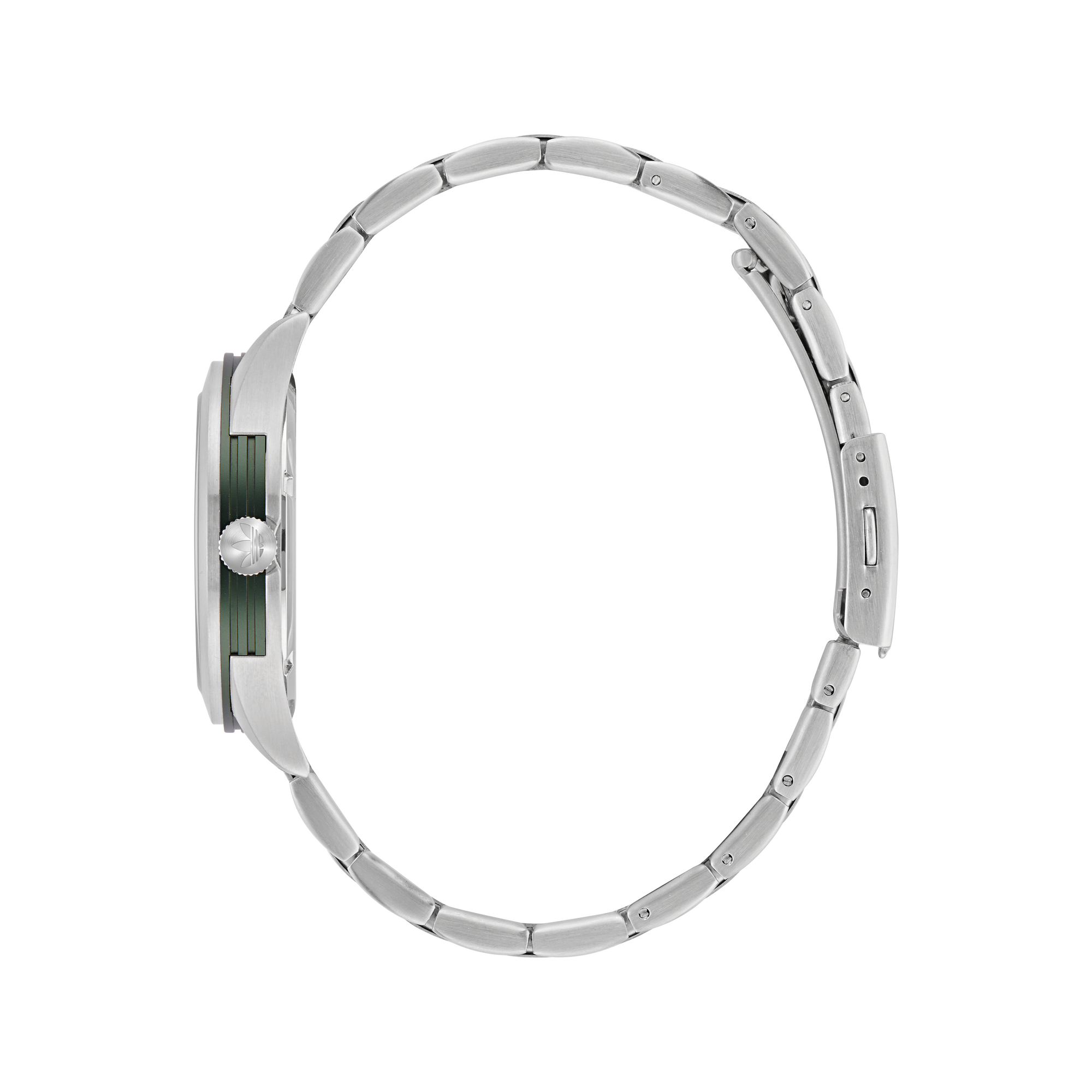 Silver wristwatch with a metal link band.