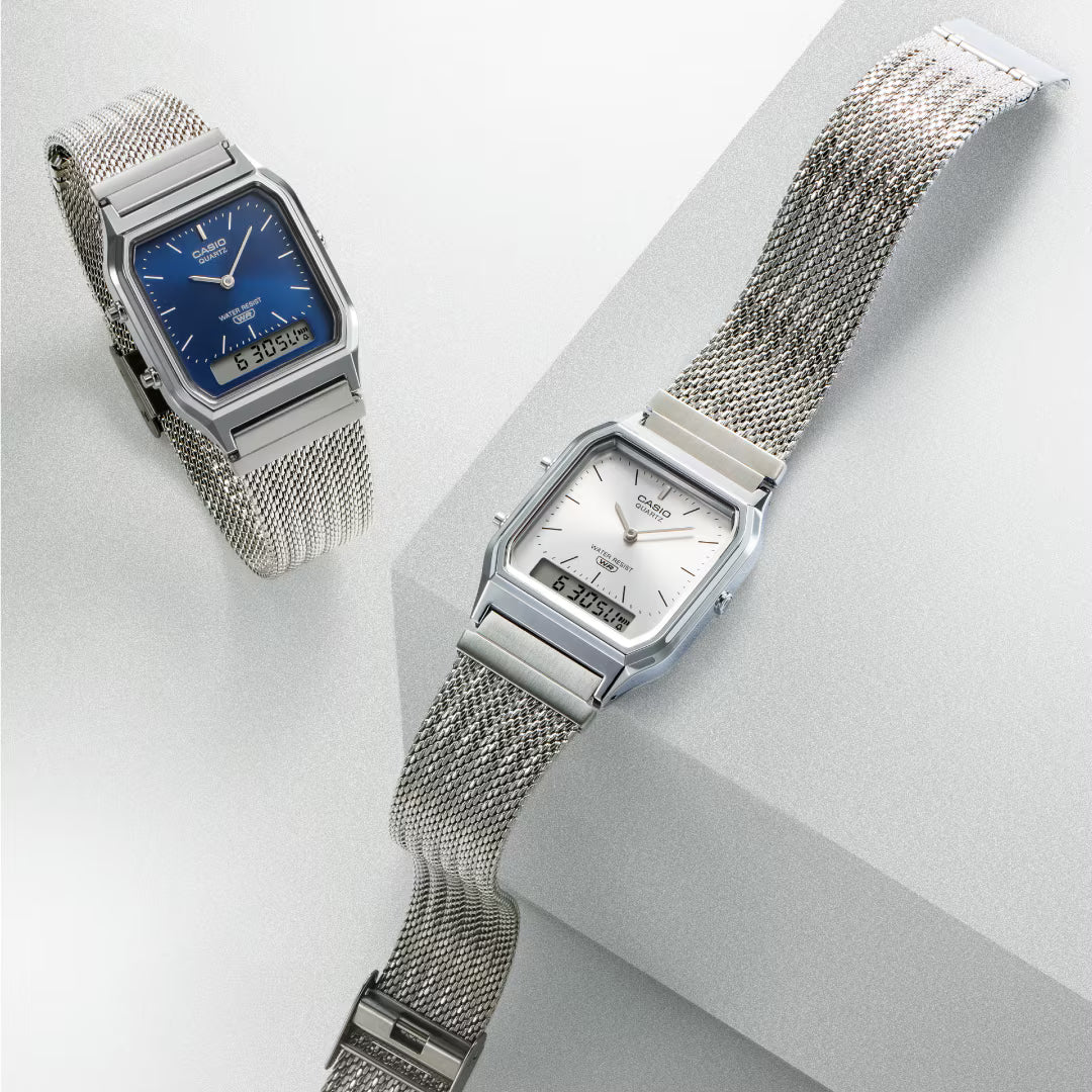 Casio Classic Vintage Stainless Steel Mesh Band Blue Dial Watch AQ230EM-2A