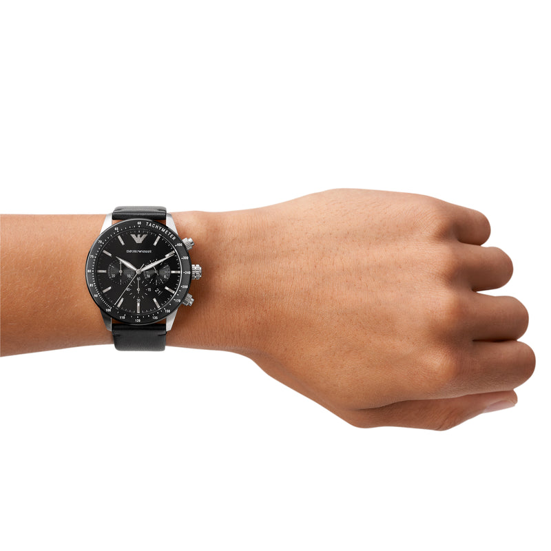 Emporio Armani Black Chronograph Stainless Steel Leather Band Watch AR11243