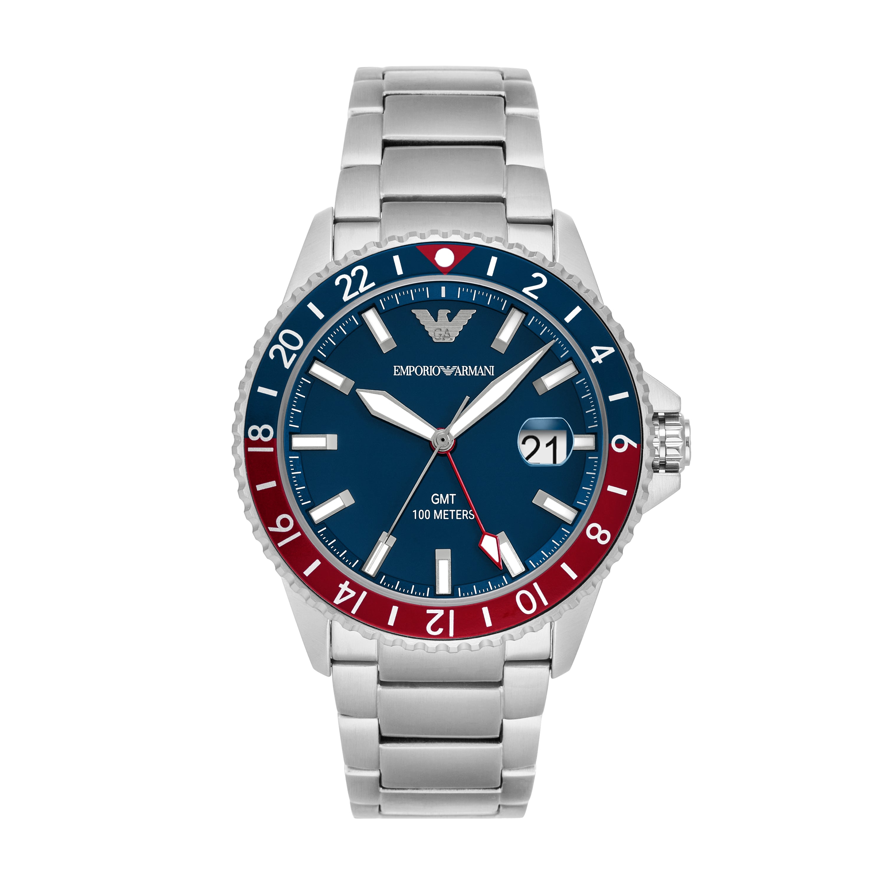 Emporio Armani GMT Blue Dial Mens Watch with Silver Steel Strap AR11590