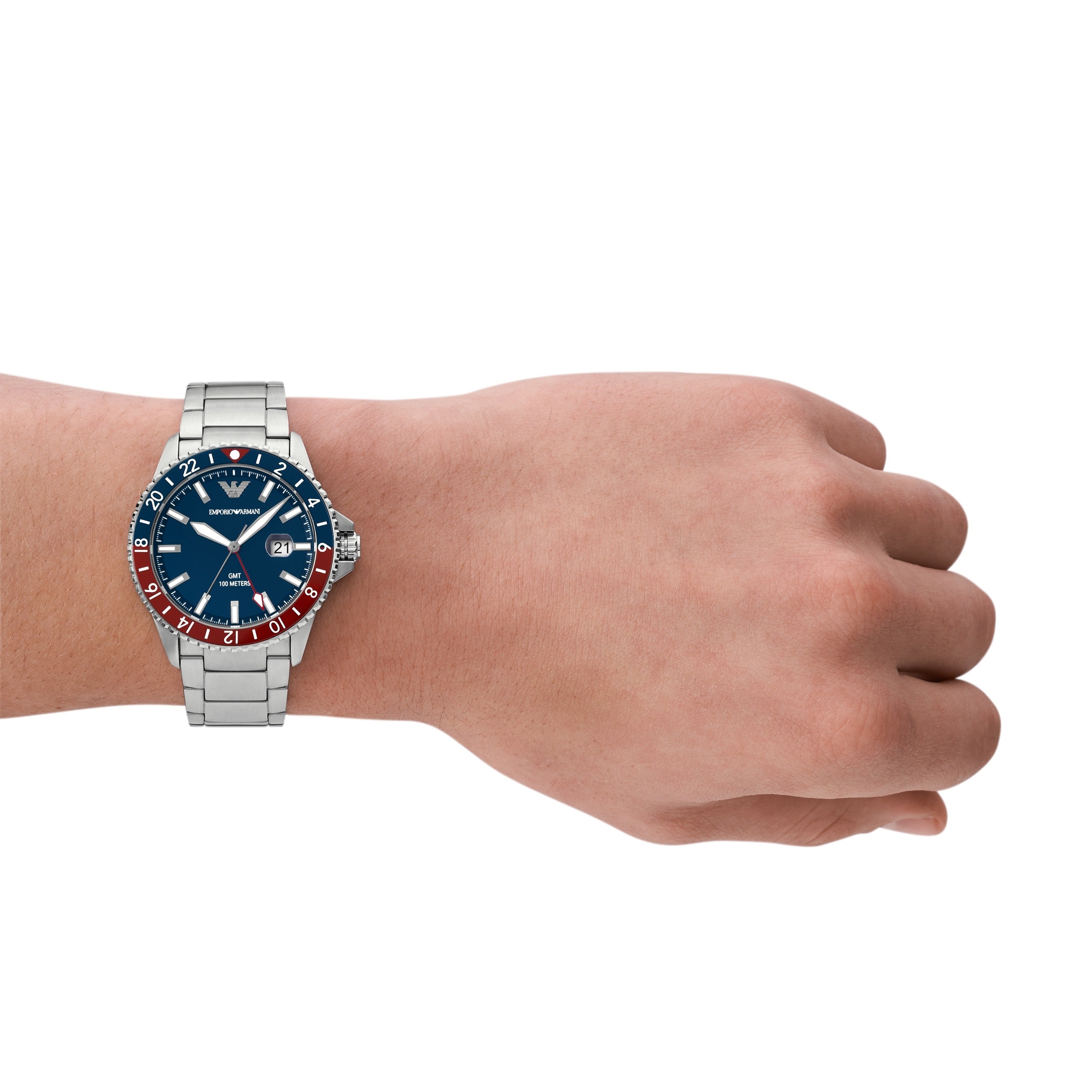 Emporio Armani GMT Blue Dial Mens Watch with Silver Steel Strap AR11590