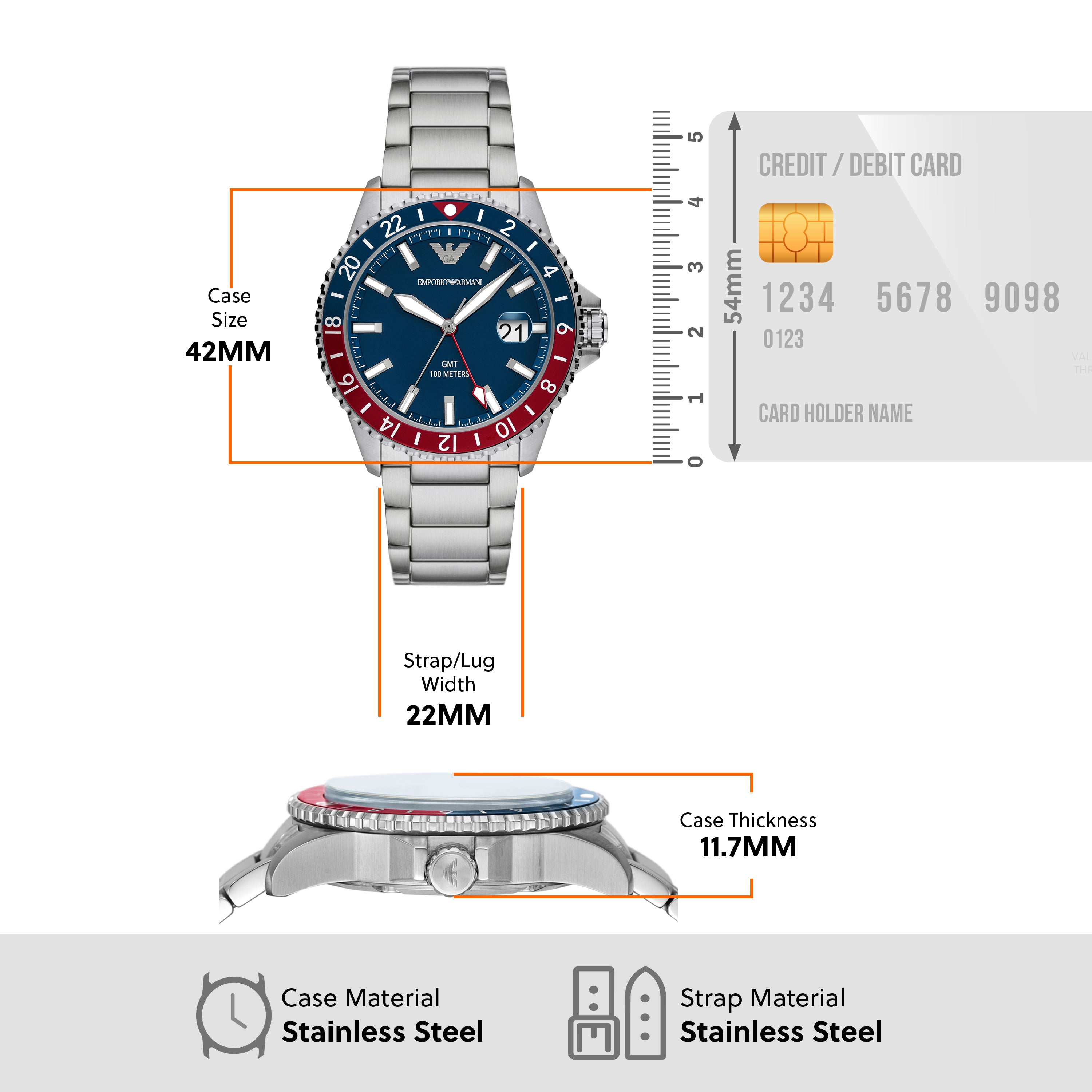 Emporio Armani GMT Blue Dial Mens Watch with Silver Steel Strap AR11590