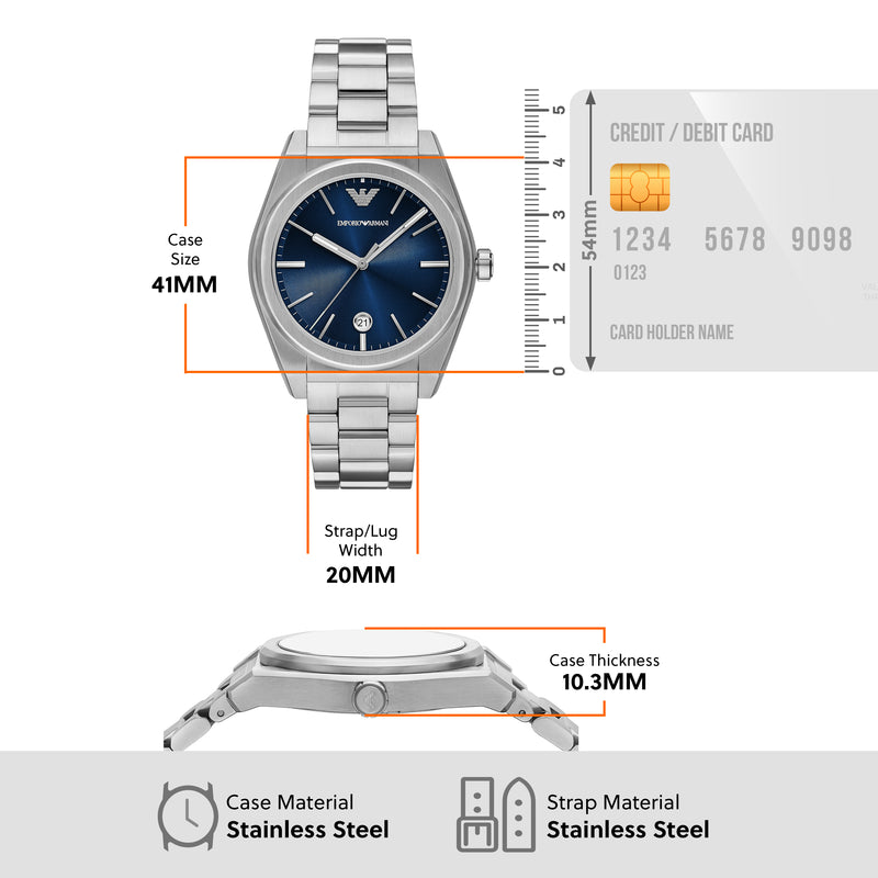 Emporio Armani Three-Hand Date Blue Dial Stainless Steel Watch AR11620