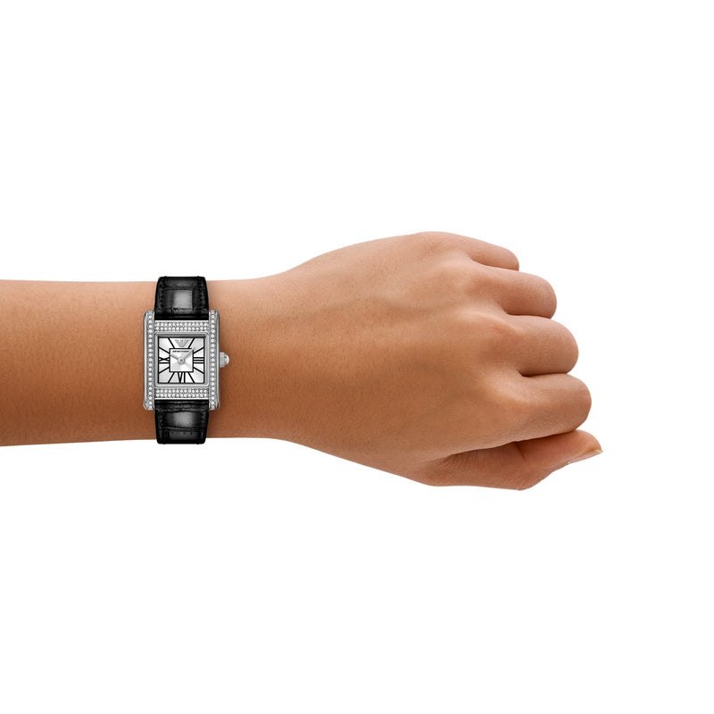 Emporio Armani Two-Hand Silver Dial Black Leather Strap Watch AR11660