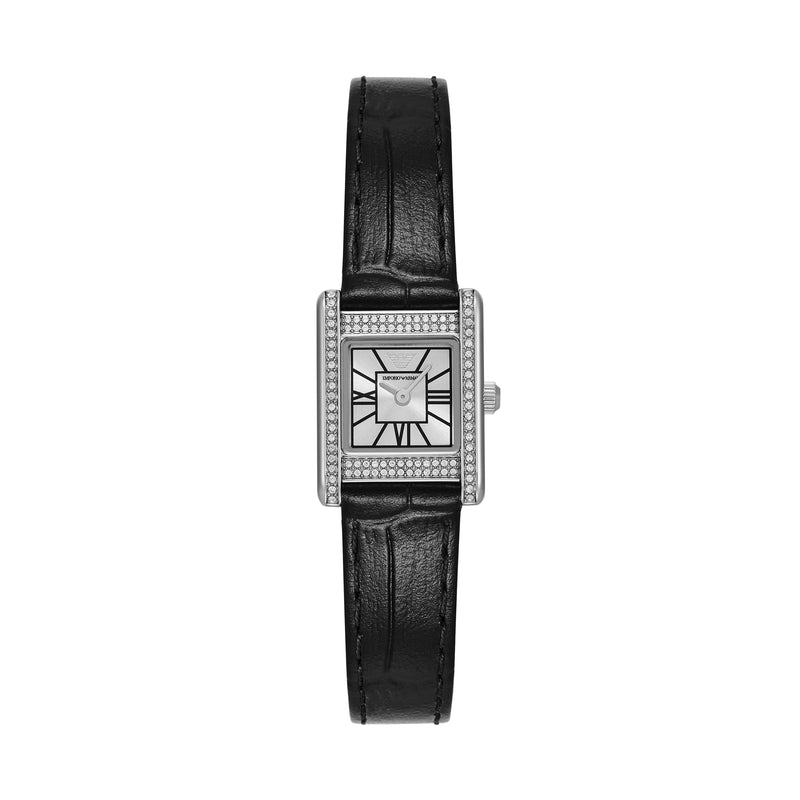 Emporio Armani Two-Hand Silver Dial Black Leather Strap Watch AR11660