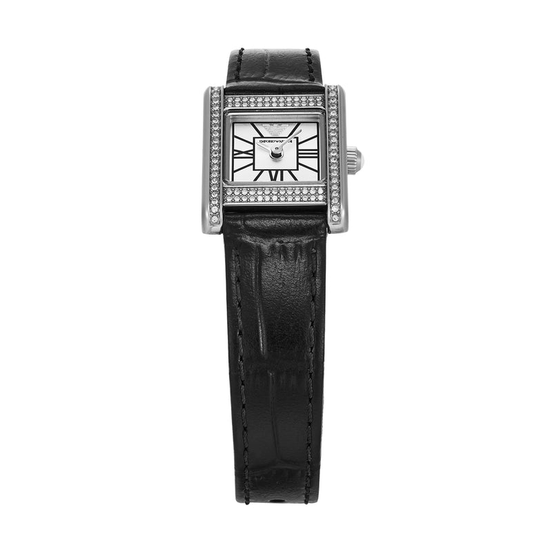 Emporio Armani Two-Hand Silver Dial Black Leather Strap Watch AR11660