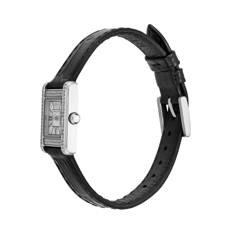 Emporio Armani Two-Hand Silver Dial Black Leather Strap Watch AR11660