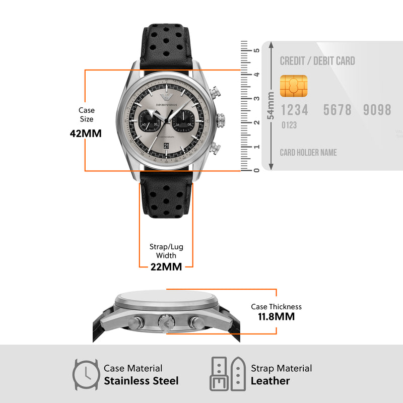 Emporio Armani Chronograph Silver Dial Black Leather Strap Watch AR11677