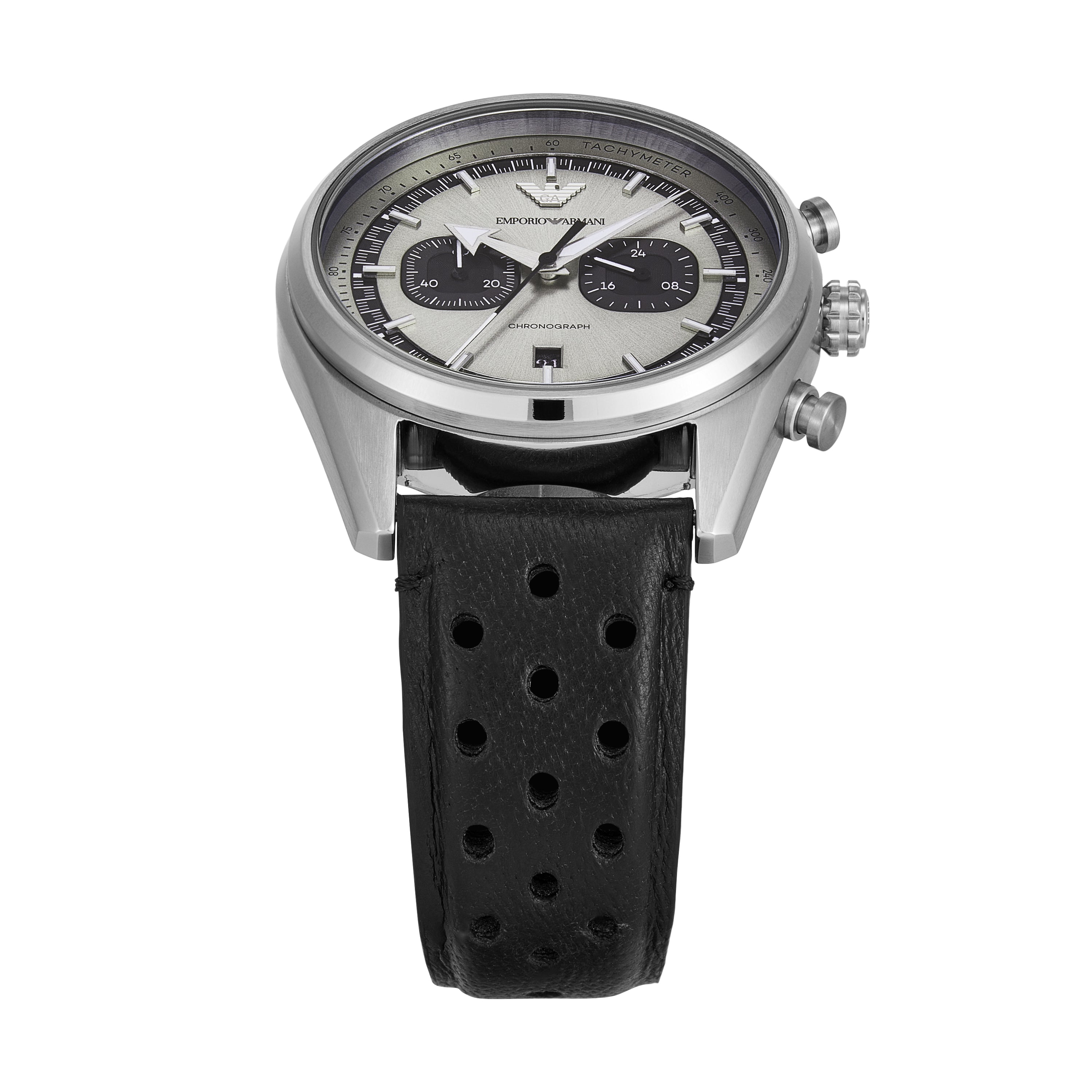 Emporio Armani Chronograph Silver Dial Black Leather Strap Watch AR11677