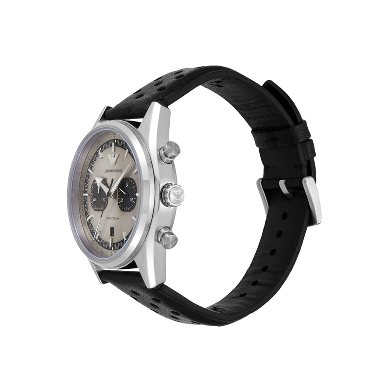 Emporio Armani Chronograph Silver Dial Black Leather Strap Watch AR11677