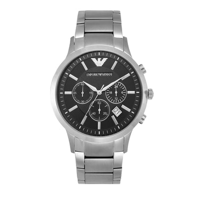 Stainless steel Emporio Armani chronograph wristwatch with a black dial.