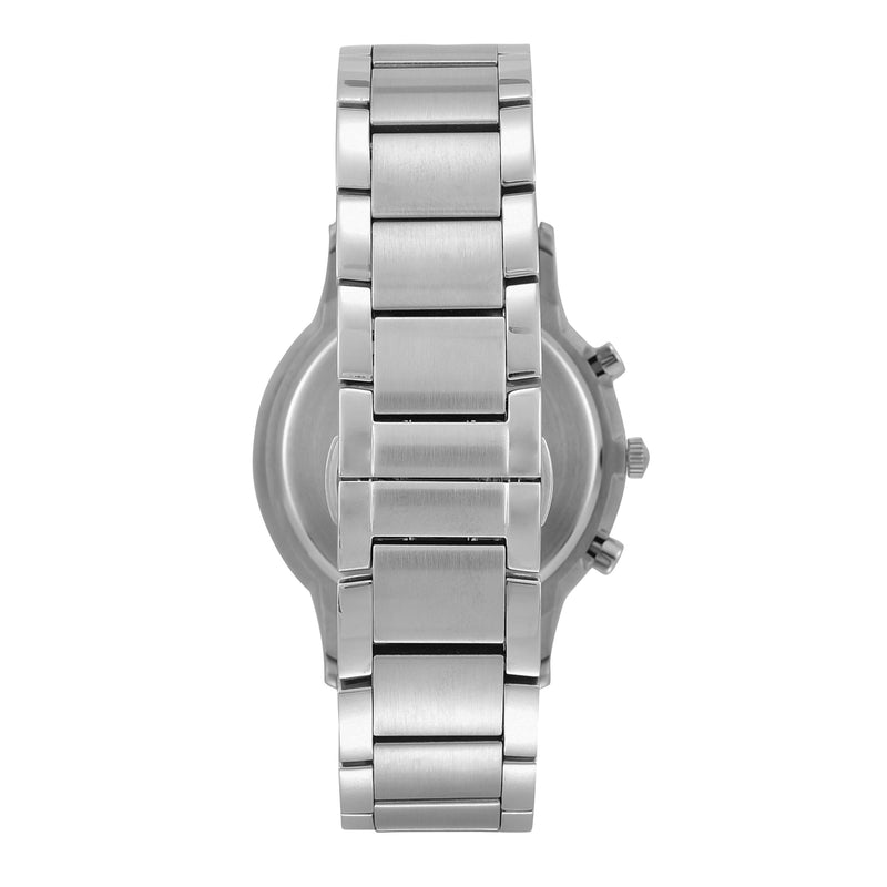 Silver metal wristwatch with a linked bracelet band.