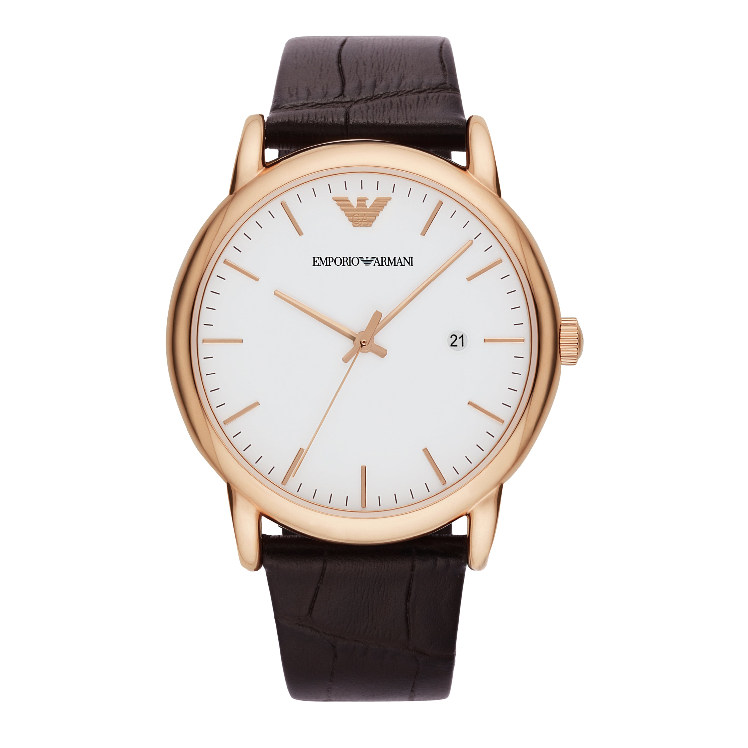 Elegant wristwatch with a rose gold case, white dial, and brown leather strap.