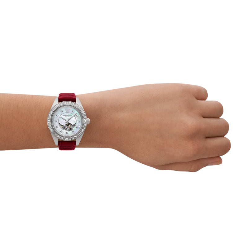 Armani Leo Timepiece with Red Leather and Sunray Dial AR60075