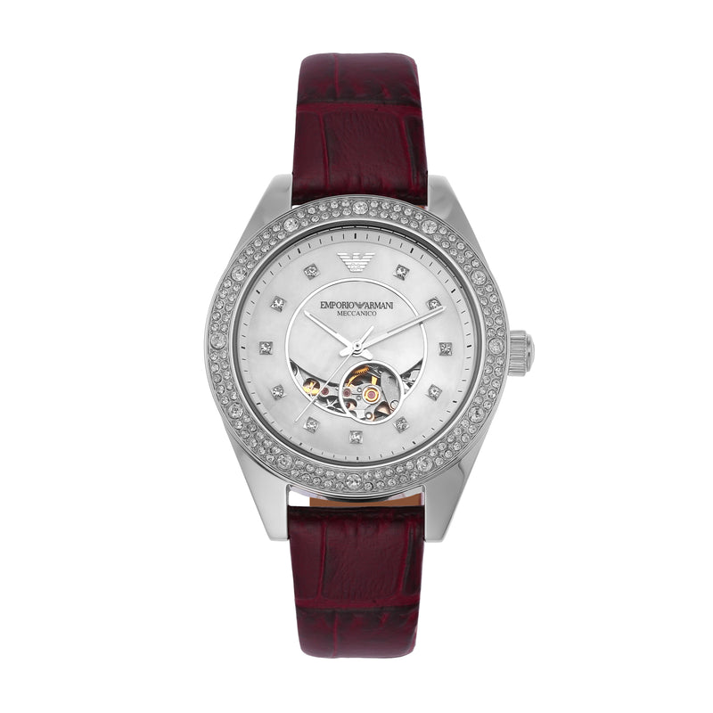 Armani Leo Timepiece with Red Leather and Sunray Dial AR60075