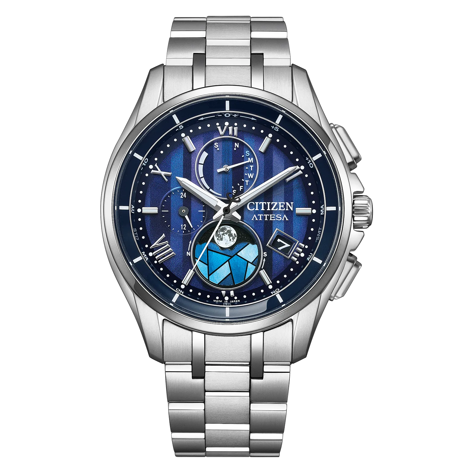 Citizen Attesa Atomic Timekeeping Eco-Drive Blue Dial Titanium Moonphase Watch BY1000-51L