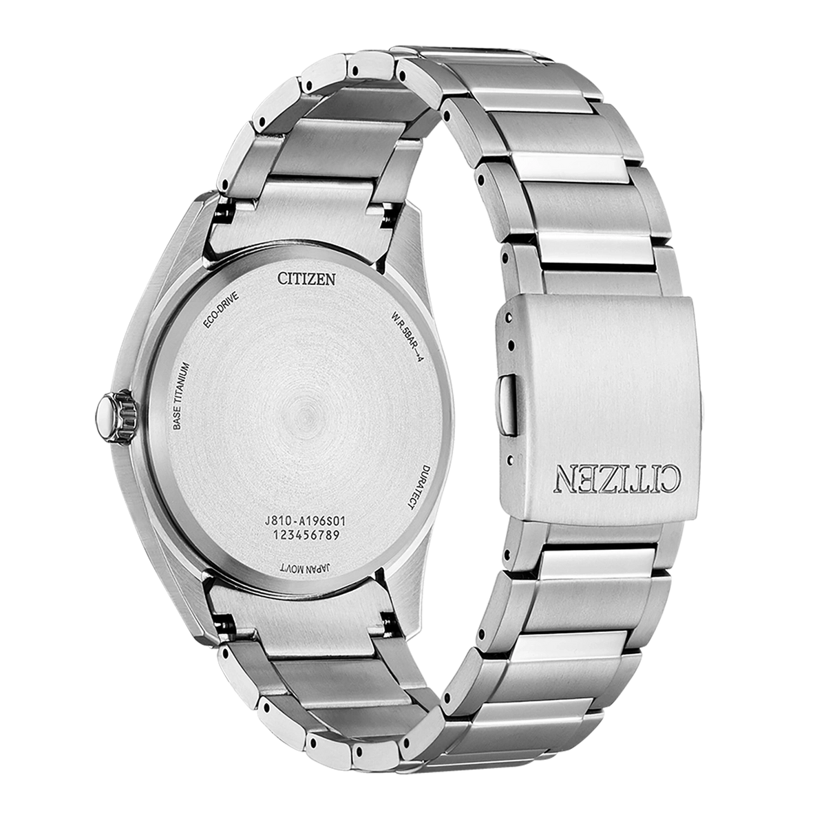 Citizen AW1641-81E Super Titanium black dial watch, official case-back view showing Eco-Drive and water resistance markings