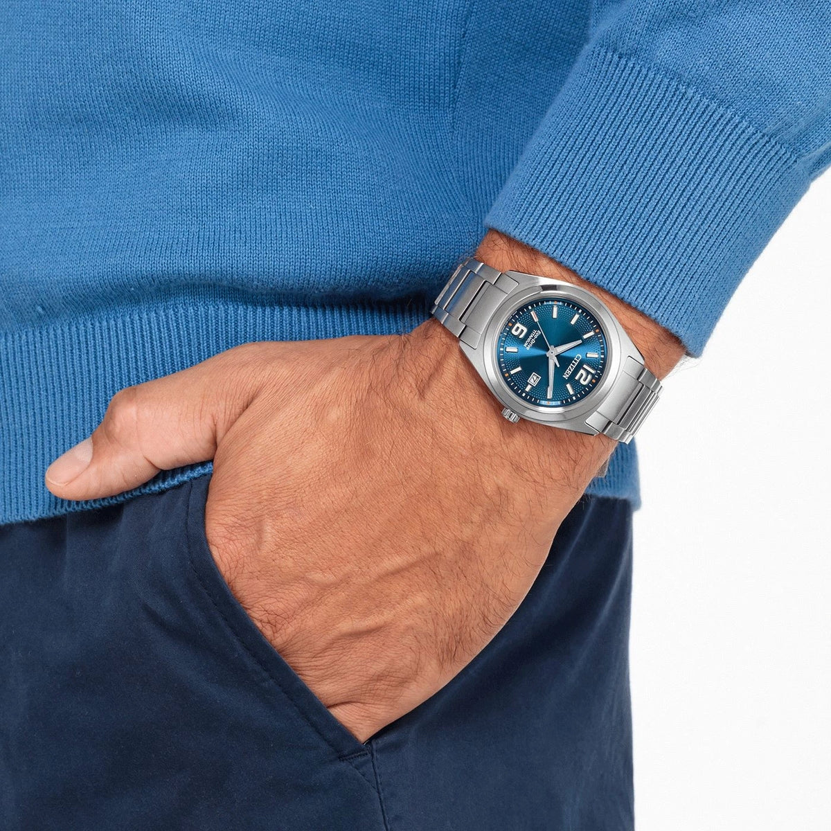 Citizen Super Titanium AW1641-81L men's watch blue dial silver titanium bracelet angled view