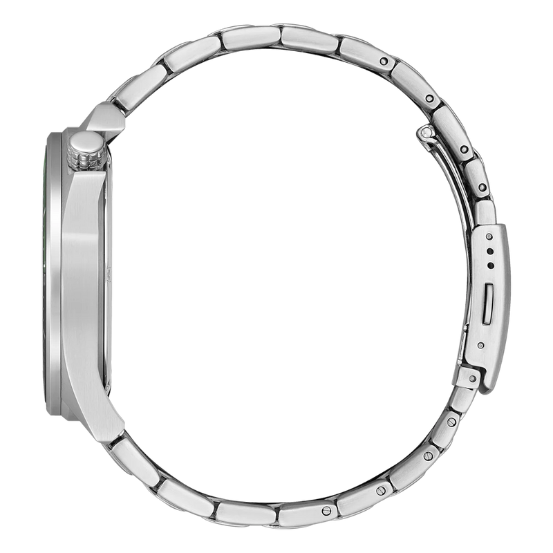 Silver wristwatch with a metal link band viewed from the side.