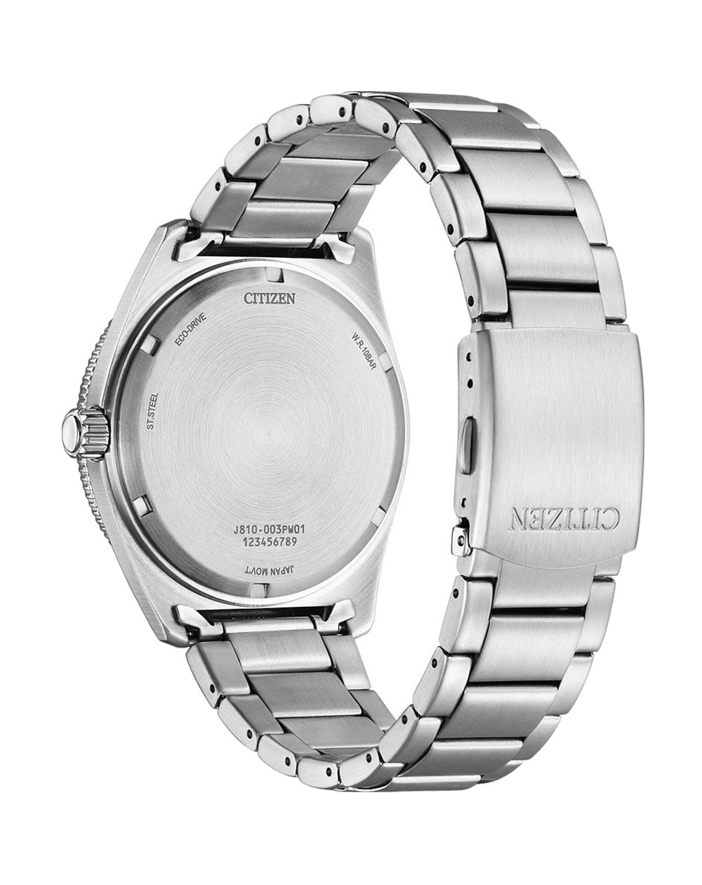 Silver wristwatch with a metal band and blank face.