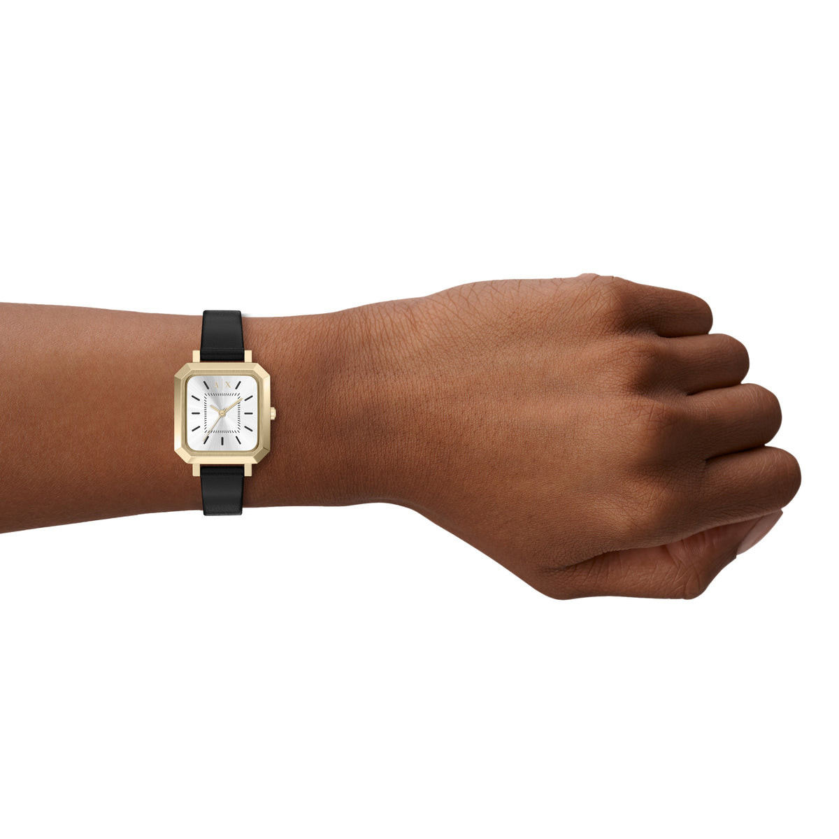 Armani Exchange Rectangular Black Leather AX5742 on the wrist