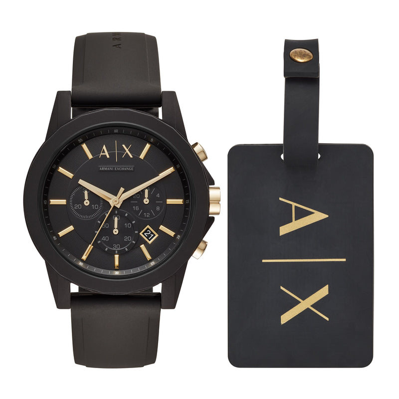 Armani AX7105 Black Silicone Chronograph Watch Gift Set