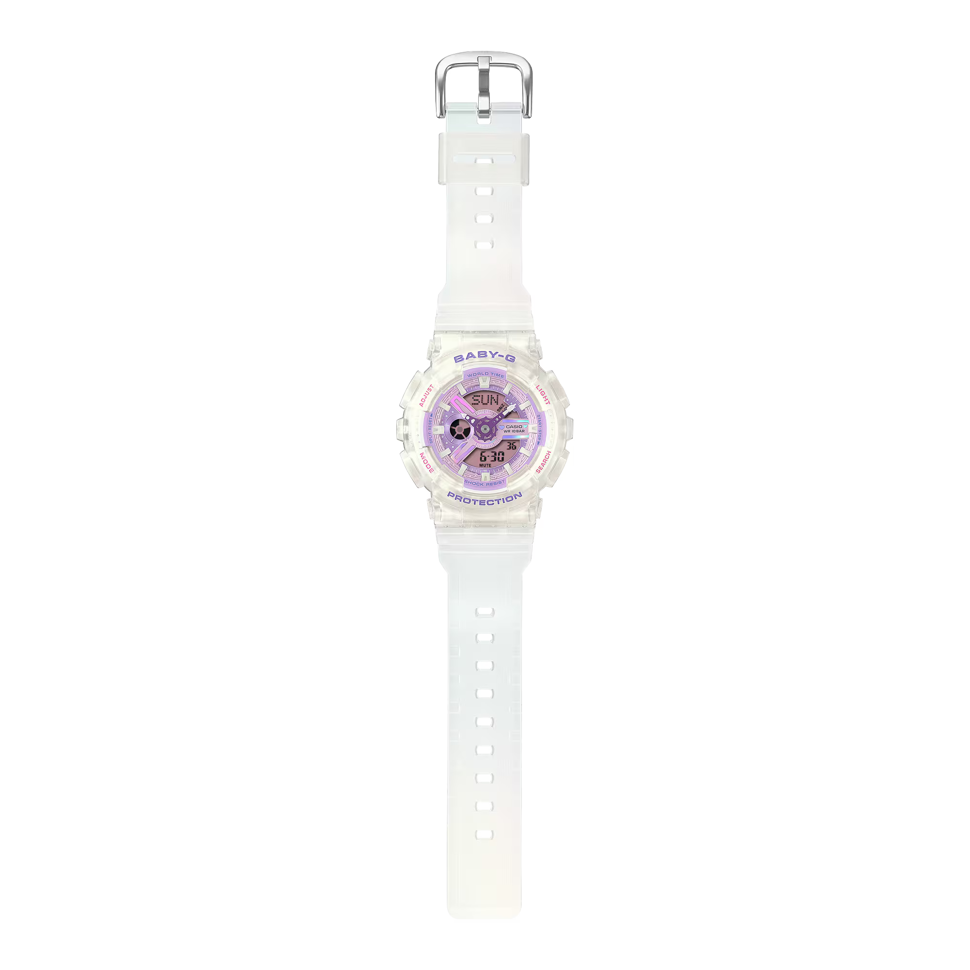 Baby-G Purple Dial Clear White Resin Band Frosted White Case Watch BA110PS-7A