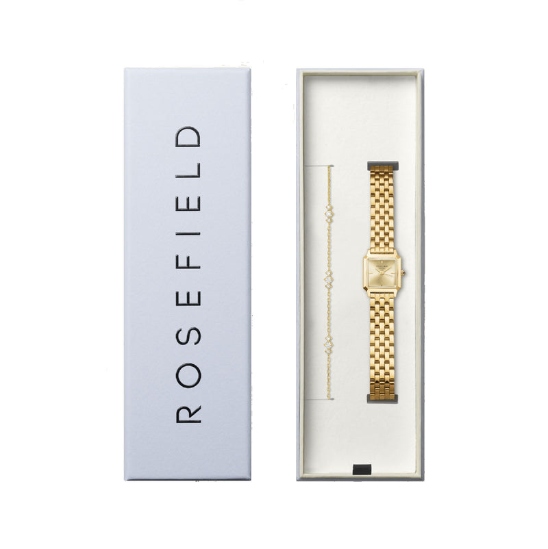 Rosefield Boxelle Gold Dial Stainless Steel Watch and Crystal Detailed Bracelet BCGTC-X284