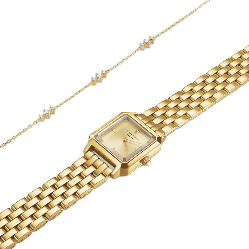 Rosefield Boxelle Gold Dial Stainless Steel Watch and Crystal Detailed Bracelet BCGTC-X284