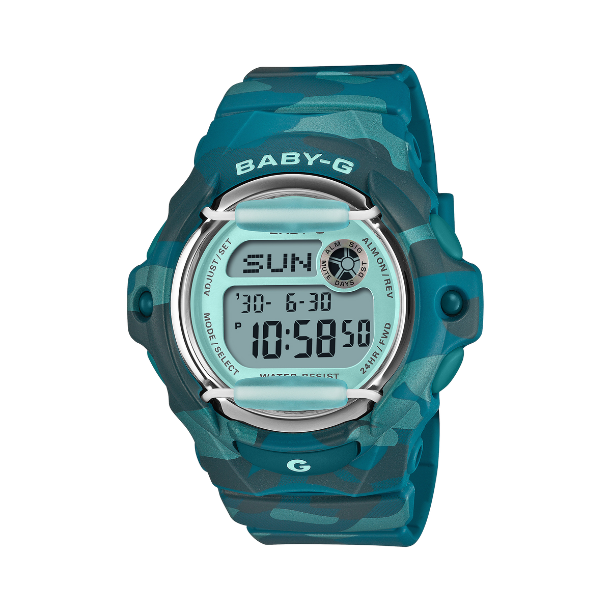 Baby-G wristwatch with a blue-green camouflage resin case and band.