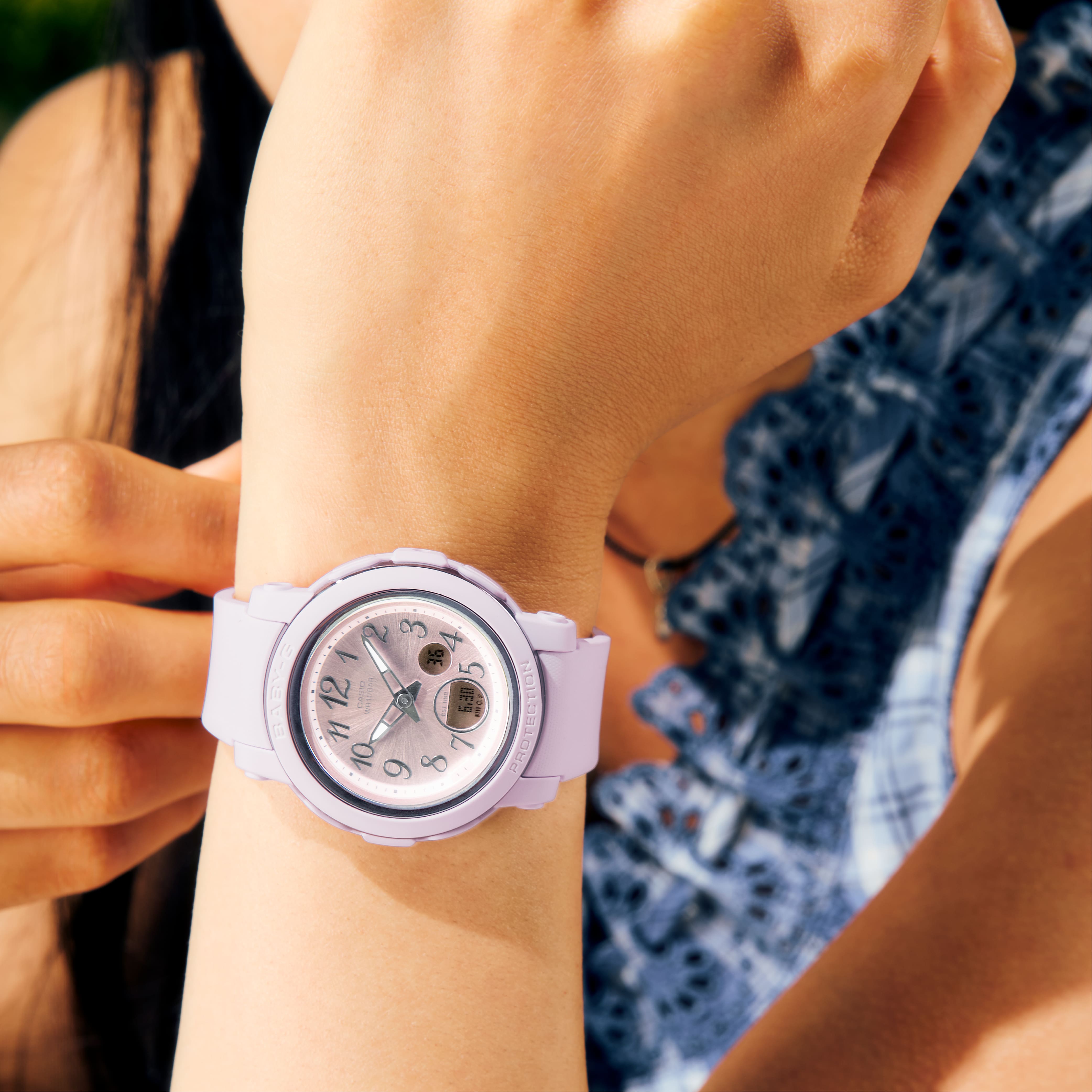 Baby-G BGA290SA-6A pale purple watch worn on the wrist.