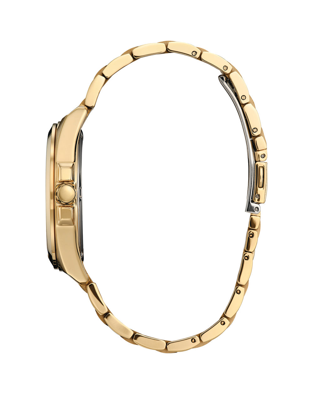 Gold-toned wristwatch with a metal link bracelet.